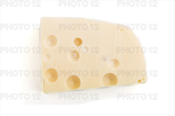 Piece of yellow cheese isolated on white background. Top view, close up