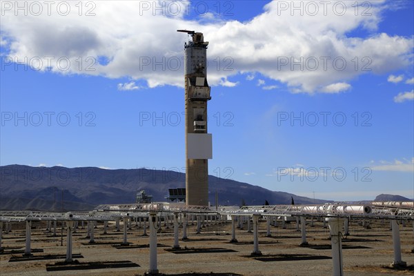 Heliostats and central receiver CESA-1 Tower at solar energy scientific research centre, Tabernas,