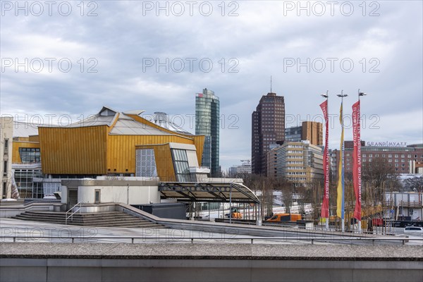 View of Potsdamer Platz with Deutsche Bank headquarters, futuristic Berlin Philharmonic building in