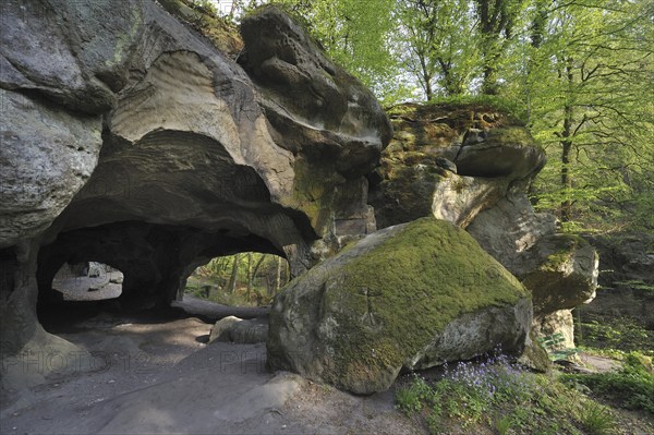 The Hohllay cave showing grooves and circles in the sandstone rock from carving millstones,