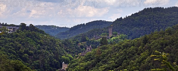 Panoramic view of the two castles, Oberburg and Niederburg of Manderscheid, Southern Eifel, Eifel,
