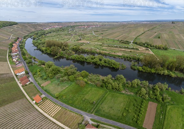 Aerial view of vineyards on the Volkacher Mainschleife, village Köhler, town of Volkach, district