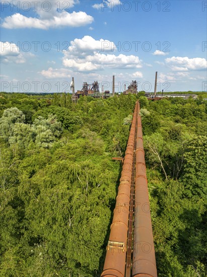The Duisburg Nord Landscape Park, double blast furnace gas pipeline from the west View across the