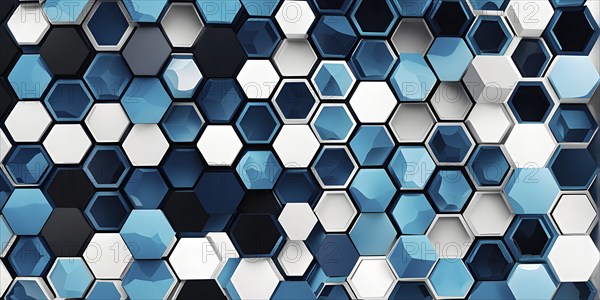 Abstract composition of interlocking blue hexagons, AI generated