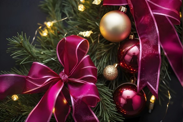 Christmas garland with gold and magenta ribbons intertwined with pine needles and tiny twinkling