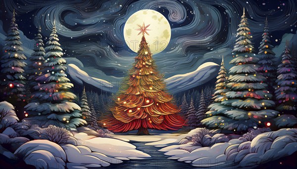 Illustration of a Christmas tree in a snowy landscape on a starry night with a full moon,