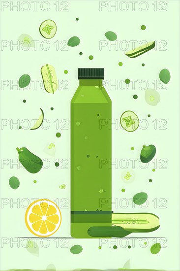 Abstract wallpaper composition with bottle of delicious green detox juice and fruits and