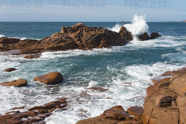 Rocks on the coast surrounded by churning sea and waves, Ploumanac'h, Ploumanach, Perros-Guirec,