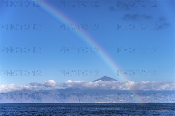Rainbow and view of Tenerife and Mount Teide, Hermigua, La Gomera, Canary Islands, Spain, Europe