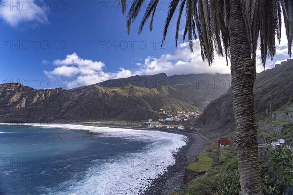 Hermigua beach and the village of Hermigua, La Gomera, Canary Islands, Spain, Europe