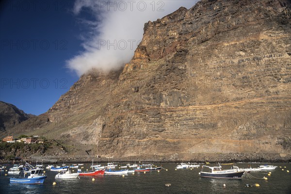 Fishing boats in the harbour of Vueltas, Valle Gran Rey, La Gomera, Canary Islands, Spain, Europe
