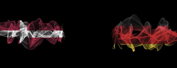 Flags of Denmark and Germany on Black background, Denmark vs Germany Smoke Flags