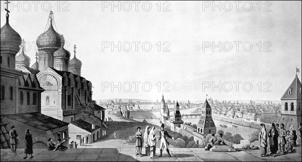 Historic drawing, 19 Century, 1807, cityscape of Moscow, Russia, Europe, Historische Zeichnung,