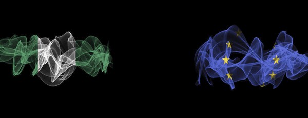 Flags of Nigeria and EU on Black background, Nigeria vs Europe Union Smoke Flags