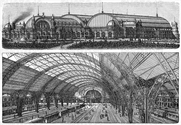 Historical illustration, 19th Century, Major station, Frankfurt, Hesse, Germany, Europe,