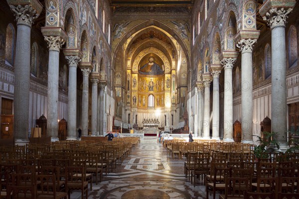 Lavish interior of the Cathedral of Santa Maria Nuova. Monreale, Sicily. Italy