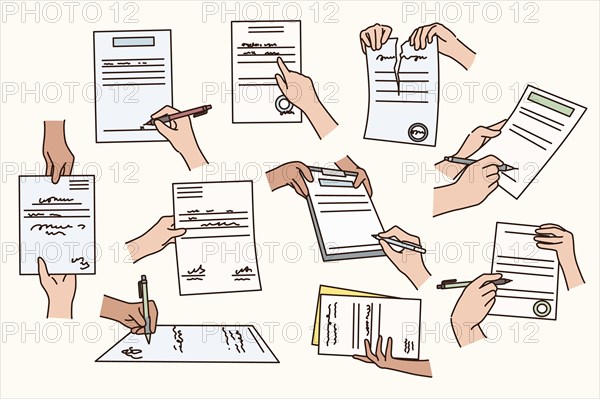 Set of diverse people hands put signature close contract or make agreement. Collection of person