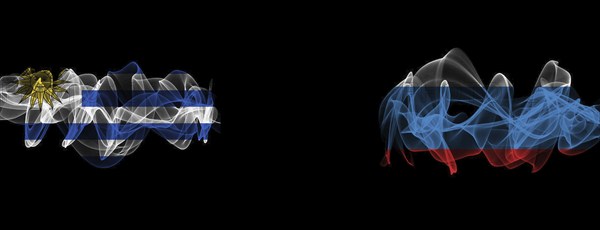Flags of Uruguay and Russia on Black background, Uruguay vs Russia Smoke Flags