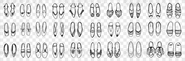 Pairs of feminine shoes doodle set. Collection of hand drawn stylish elegant shoes sandals and