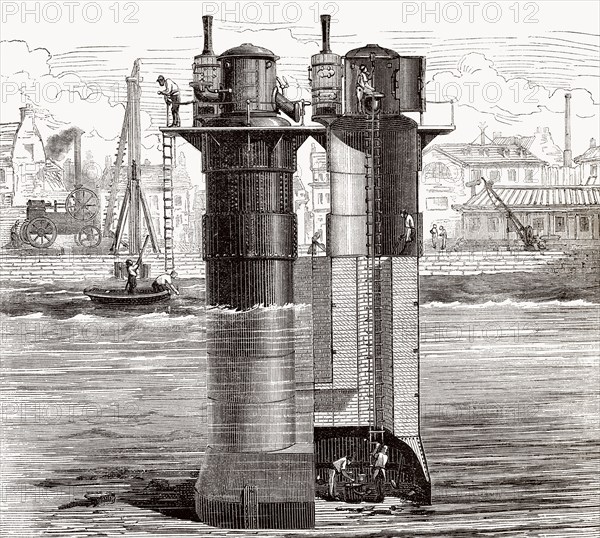 Construction of the Tay Rail Bridge, Scotland, with a caisson, Triger process, before the Tay