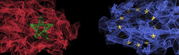 Flags of Morocco and EU on Black background, Morocco vs Europe Union Smoke Flags
