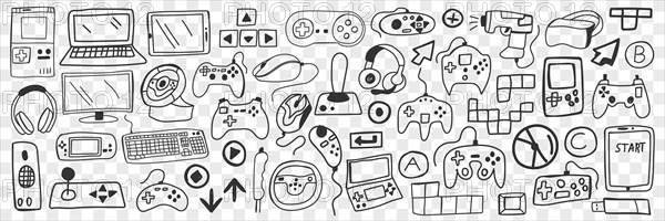 Various smart gadgets doodle set. Collection of hand drawn computers smartphones headsets