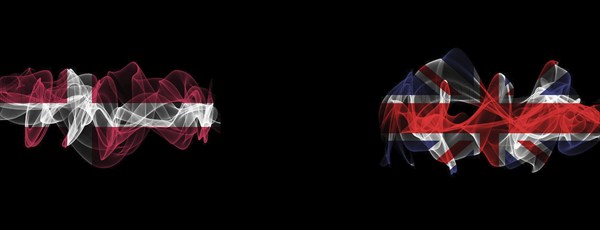 Flags of Denmark and United Kingdom on Black background, Denmark vs United Kingdom Smoke Flags