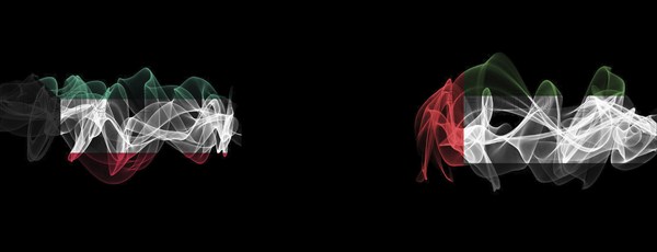 Flags of Kuwait and UAE on Black background, Kuwait vs United Arab Emirates Smoke Flags