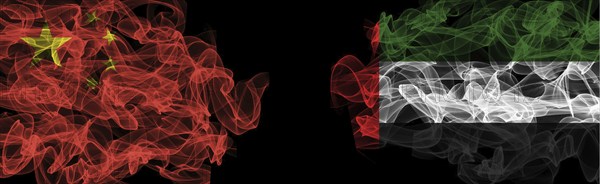 Flags of China and UAE on Black background, China vs United Arab Emirates Smoke Flags