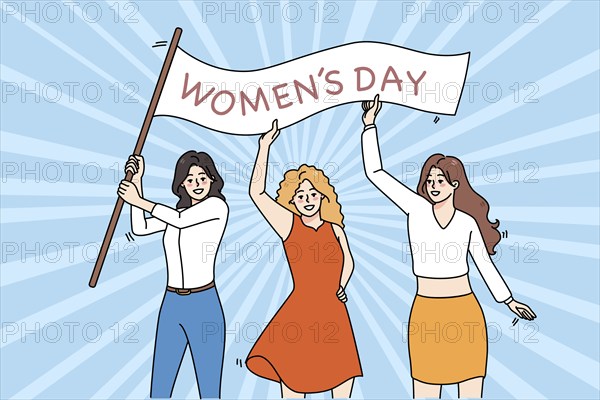Smiling diverse women with banner for international woman day celebrate together. Happy female
