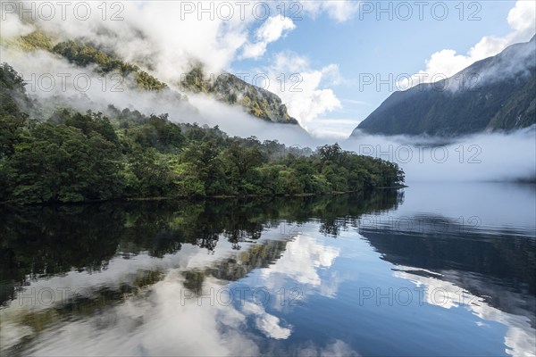 A new morning dawning at Doutful Sound, clouds hanging low in the mountains, South Island of New