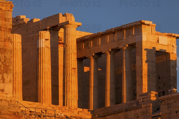 Propylaea at sunset, Acropolis, Athens, Greece, Europe