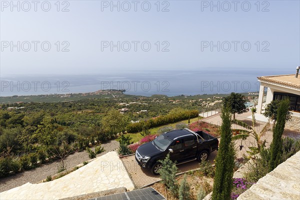 House on a slope, coastline, view from above, Pyrgos, Mani, Messinian Gulf, Ionian Sea, Greece,
