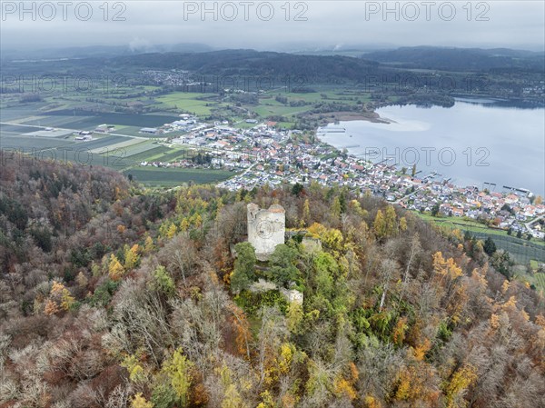 Aerial view of the ruins of Altbodman on the Bodanrück, above the village of Bodman in autumn