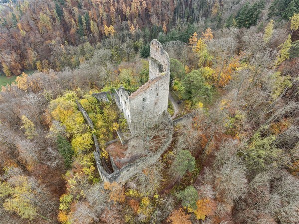 Aerial view of the ruins of Altbodman on the Bodanrück, above the village of Bodman in autumn