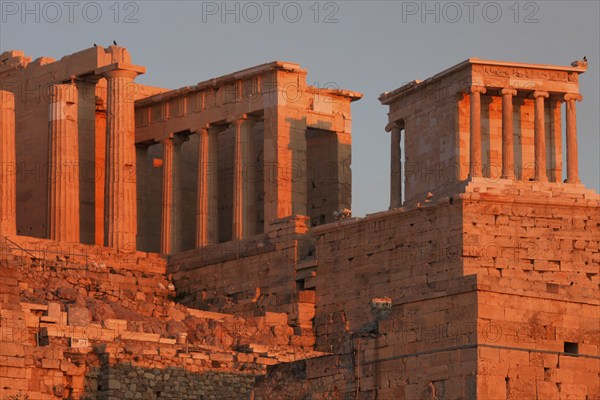 Propylaea at sunset, Acropolis, Athens, Greece, Europe