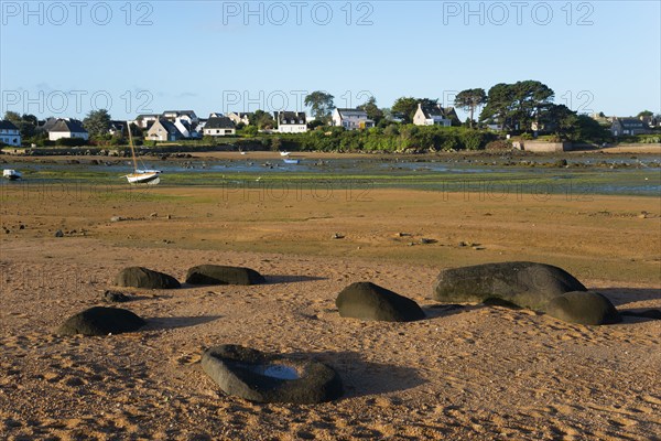 Sandy coastal scene with visible stones and houses in the background, Trégastel, Tregastel,