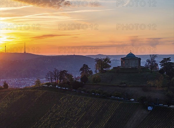 Sunset at the burial chapel on the Württenberg, aerial view. The mausoleum was built between 1820