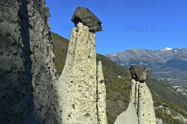 Earth pyramids of Euseigne with cairn, Hérémence, Hérens Valley, Val d'Hérens, Valais, Switzerland,