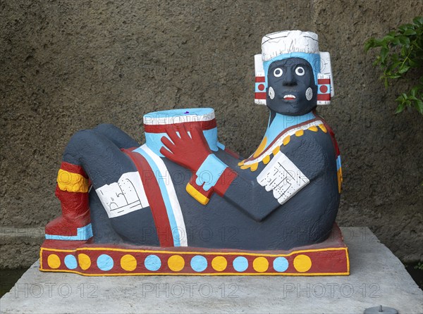 Modern painted Chacmool figure archaeological site and museum of Templo Mayor, Mexico City, Mexico,