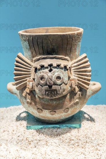 Ceramic pot depicting Tlaloc, Aztec god of rain, archaeological site and museum of Templo Mayor,