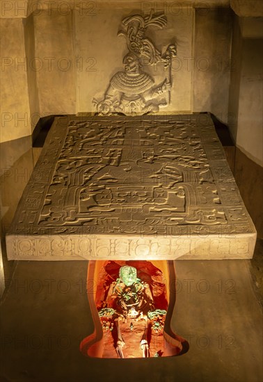 Reproduction of royal burial tomb, Mayan king Pakal the Great, Palenque, National Museum of