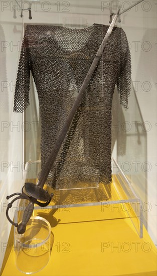 Chainmail armour and sword, Spanish colonial exhibition Palacio Canton Merida, Yucatan State,
