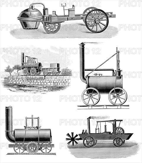 Different steam cars and steam locomotives, 18th and 19th Century, verschiedene Dampfwagen und