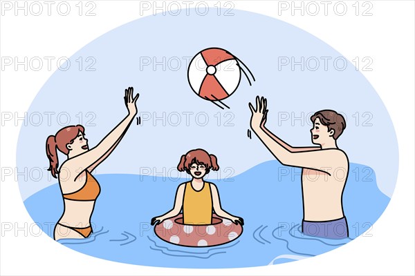 Overjoyed young family with happy child have fun in water on summer vacations. Smiling parents play