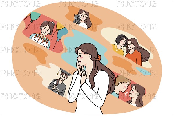 Young woman feel nostalgic remembering different scenes from life. Happy girl memory with positive