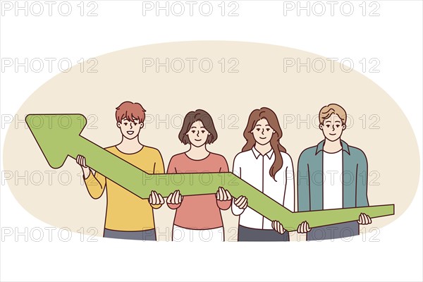 Team of men and women together hold green arrow pointing up, symbolizing development and success