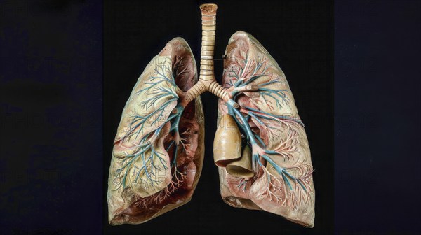 Realistic anatomical model of human lungs with visible veins and arteries on a dark background, AI