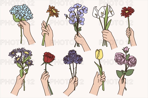 Set of people hands holding various flowers. Collection of persons with floral bouquet or