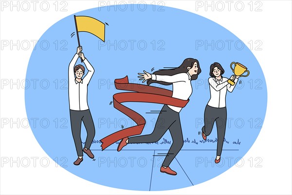 Motivated female employee feel euphoric cross finish line reach business goal. Excited woman worker